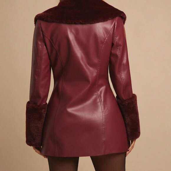 Wine Burgundy Elegant Women's Waist Long Sleeve Faux Fur Jacket - Picture 2 of 8